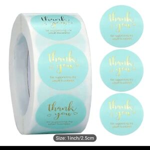 500 Count Thank You Stickers Roll W/ Fake Gold on Turquoise New